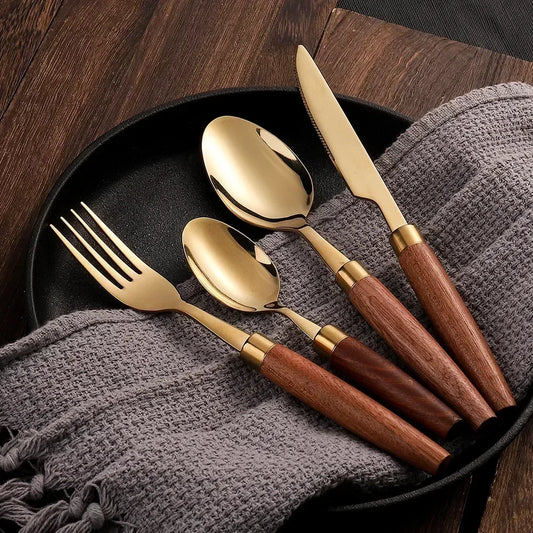 Juego de 4 cubiertos con mango de madera de acero inoxidable, cuchillo, tenedor y cuchara, apto para lavavajillas.