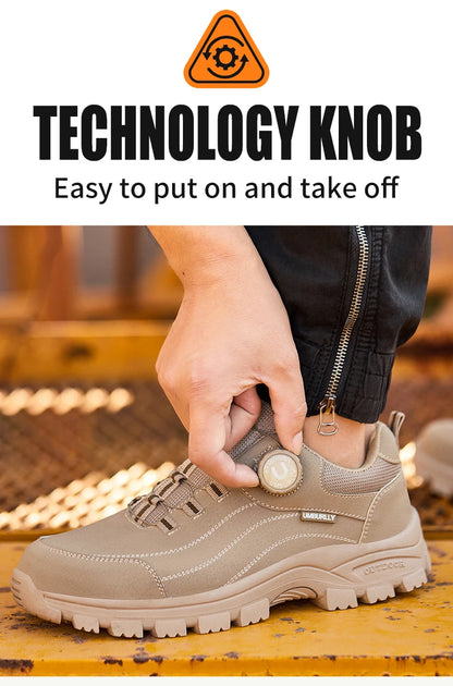 Calzado de seguridad para hombre con diseño de botones, puntera de acero, resistente a la compresión y suela antideslizante para trabajo en exteriores y talleres.