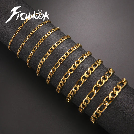 Pulsera de cadena Figaro sencilla para mujer, hombre, pareja, joyería para niño, color dorado, acero inoxidable, tendencia, moda punk, hip pop, regalo