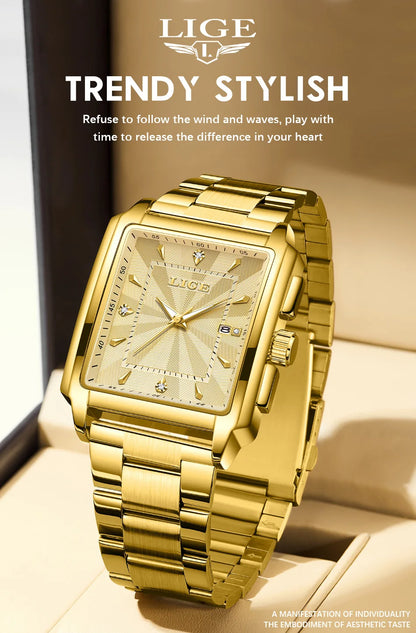 LIGE - Reloj de negocios de moda para hombre, cuadrado, deportivo, resistente al agua, marca superior, de lujo, militar, de cuarzo, cronógrafo de pulsera