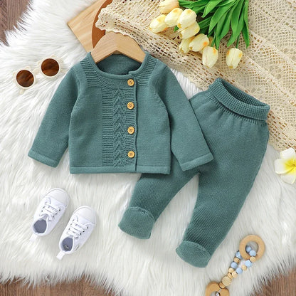 Conjunto de ropa para bebé, jersey de punto a la moda, liso, cálido, pantalones y leggings de otoño para recién nacido, niña y niño, pantalones de manga larga, 2 piezas