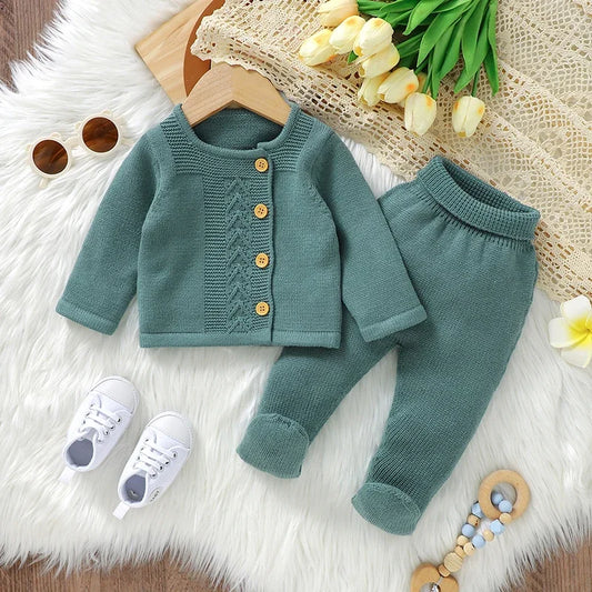 Conjunto de ropa para bebé, jersey de punto a la moda, liso, cálido, pantalones y leggings de otoño para recién nacido, niña y niño, pantalones de manga larga, 2 piezas