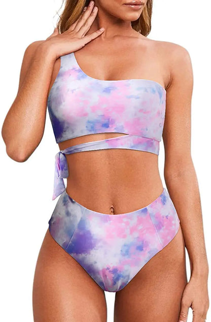 Bikini de un solo hombro para mujer, traje de baño dividido, color liso, traje de baño de playa de verano, traje de baño para mujer