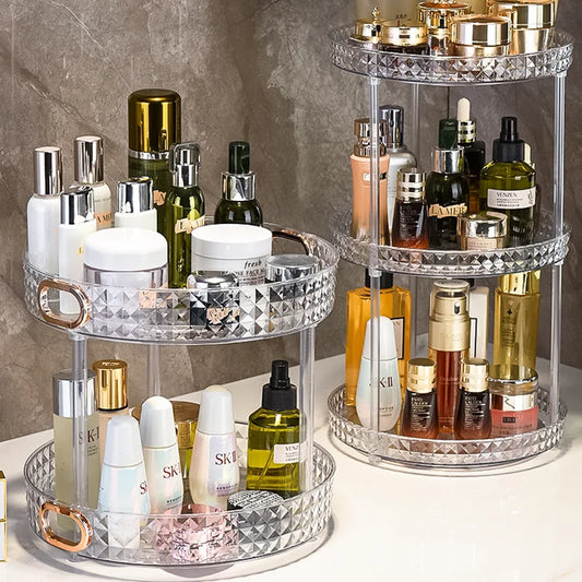 Organizador giratorio de 360 grados para especias, bebidas y cosméticos, transparente, de PET, para cocina y baño.