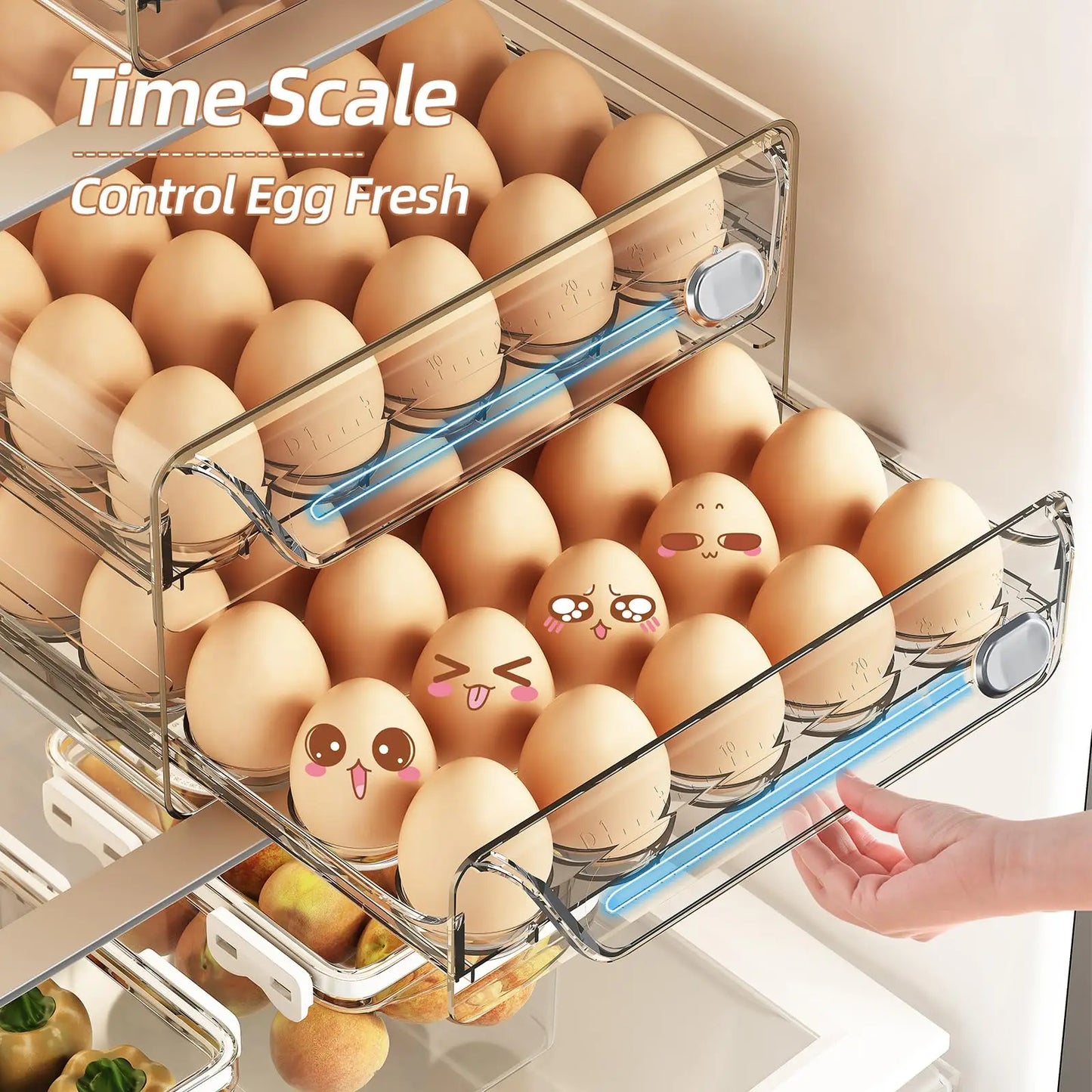 Organizador de cajones para refrigerador con escala de tiempo, huevera transparente para guardar huevos frescos, bandeja de gran capacidad.