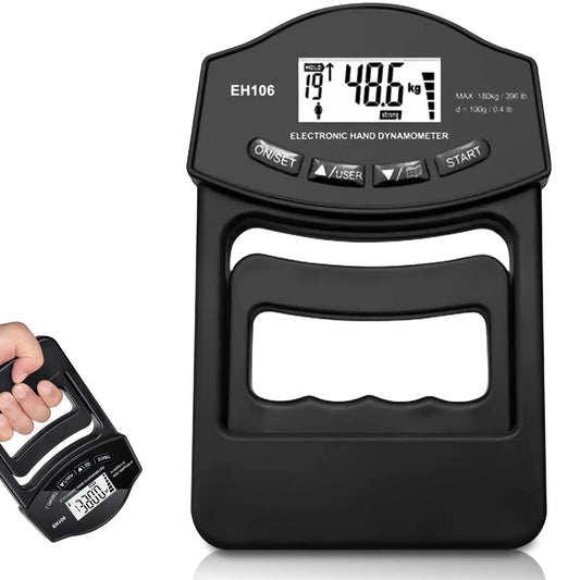 Dinamómetro digital de mano de 180 kg con pantalla LCD para entrenamiento de antebrazo y levantamiento de pesas.