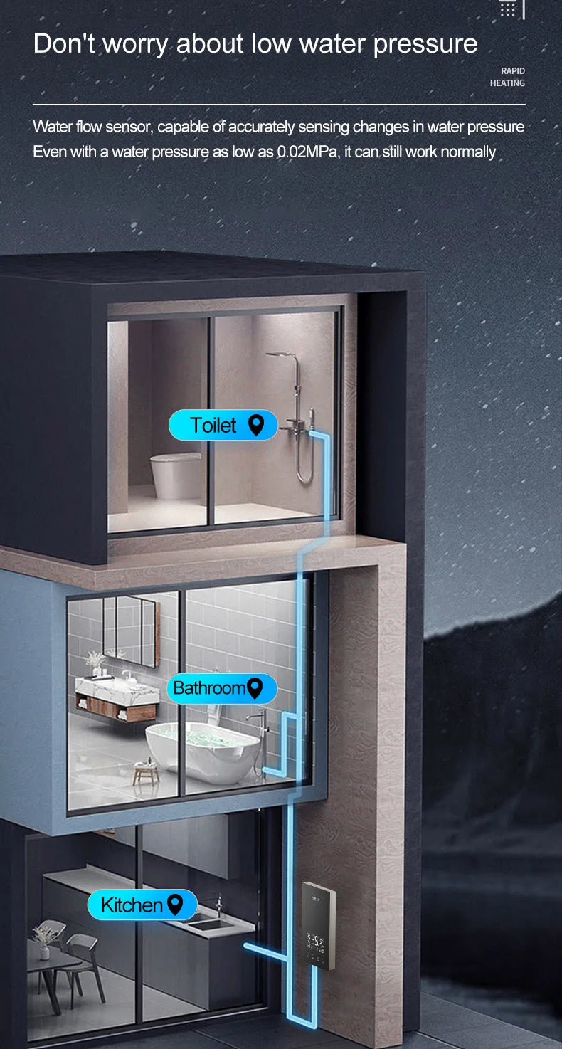 Calentador eléctrico instantáneo de agua IPX4, 7500 kW, calentamiento rápido, sin tanque, con pantalla LED y resistencia al agua.