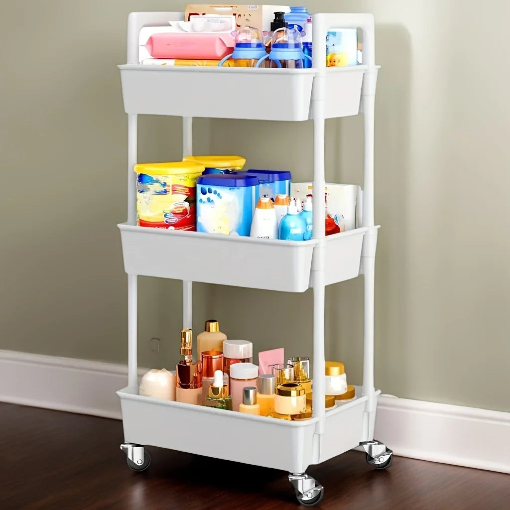 Carrito rodante multifuncional de tres capas 2025 con asa reforzada para cocina, baño, sala de manualidades y guardería.