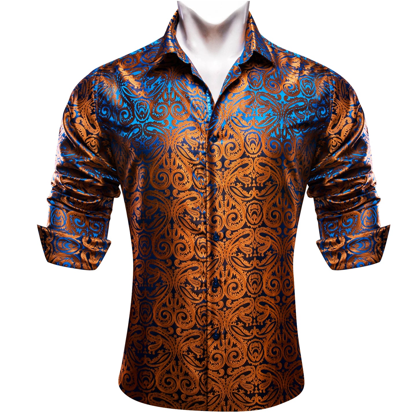 Camisas de seda de diseño para hombre en azul, dorado, verde, rojo, blanco y negro. Estampado cachemir bordado. Corte ajustado. Blusas casuales de manga larga.