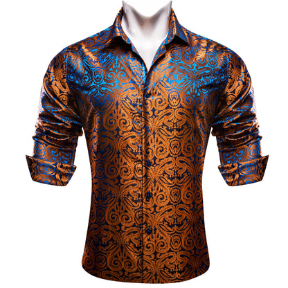 Camisas de seda de diseño para hombre en azul, dorado, verde, rojo, blanco y negro. Estampado cachemir bordado. Corte ajustado. Blusas casuales de manga larga.