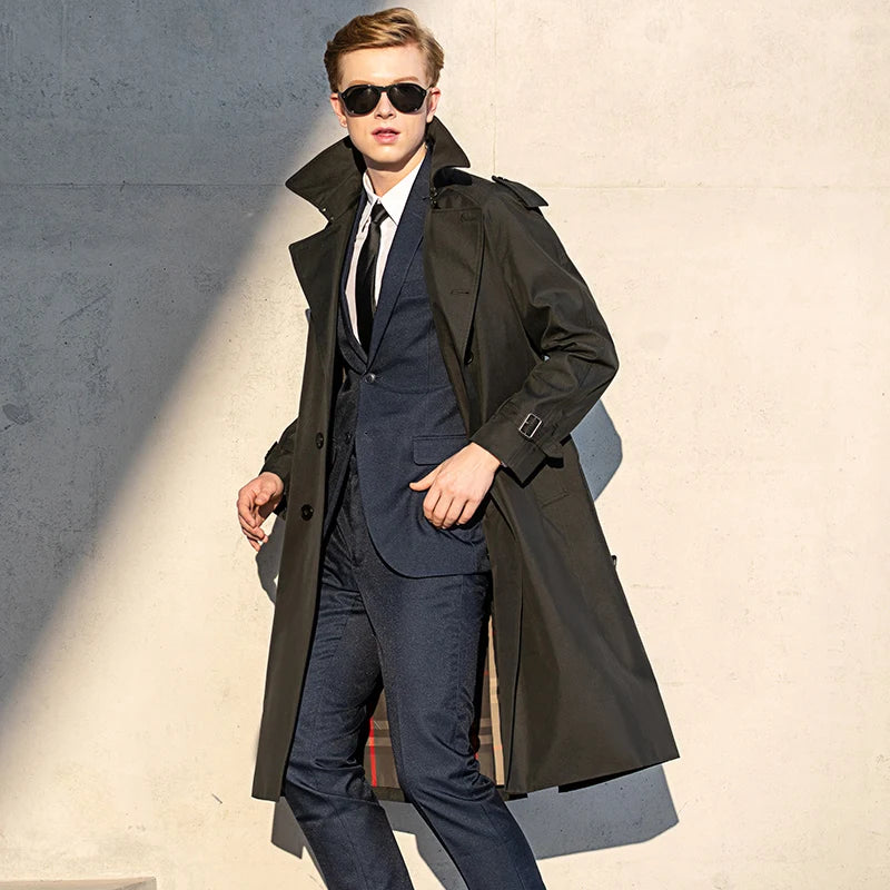 Super long windbreaker down liner  weatherproof men's trench coat British trend black trench coat men's casual coat