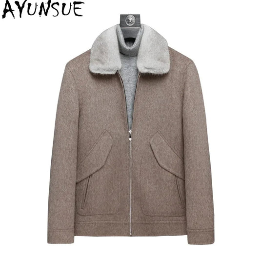 AYUNSUE Spring Autumn Wool Coat Men Double-sided Alpaca Jacket Mink Fur Collar Mens Coats and Jackets Overcoat 1970B KJ3859