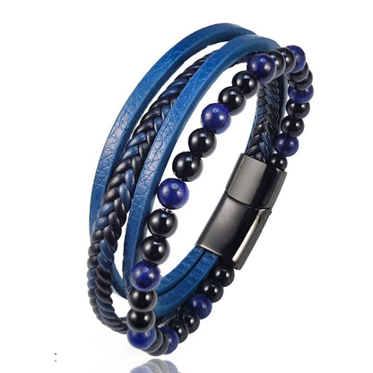 Pulseras de cuentas punk para hombre, estilo clásico, de lapislázuli azul, multicapa, de cuero, joyería, regalo, 2025