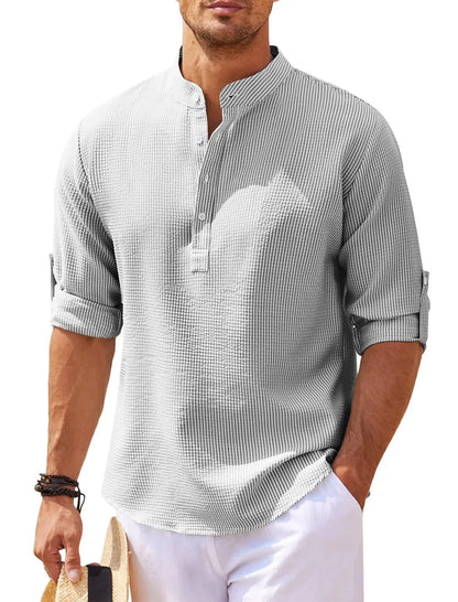 Camisas de manga larga de algodón y lino para hombre, de gran oferta, para primavera y otoño, de color liso, con cuello alto, estilo playero informal, tallas grandes S-5XL
