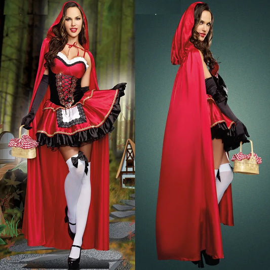Women Little Red Riding Hood Costume Fancy Adult Halloween Cosplay Fantasia Carnival Fairy Tale Girl Dress+Cloak Women Party Set