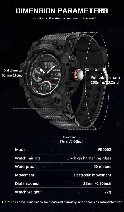 FOXBOX TOP Relojes para hombre, reloj de pulsera de cuarzo, resistente al agua, con pantalla de doble horario, reloj militar para hombre, reloj para hombre + CAJA