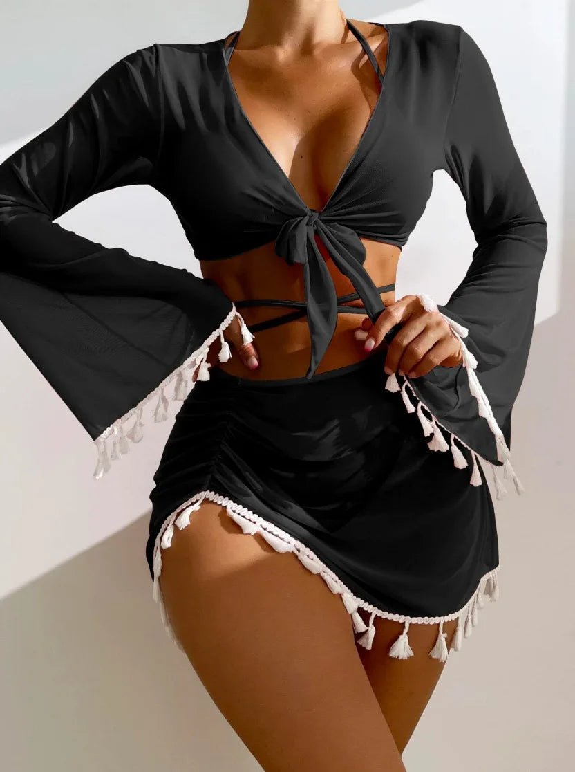 4 Piece Swimming Suit Women Beach Wear Solid Tassel Cover Up Mesh Mini Skirt Bikinis Set Cute Swimming Pool Outfit Summer