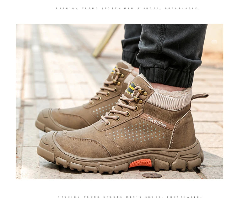 Nuevos zapatos de seguridad de trabajo de lana gruesa de invierno para hombres, botas de trabajo con puntera de acero, zapatos de seguridad antideslizantes, botas de nieve para hombre.