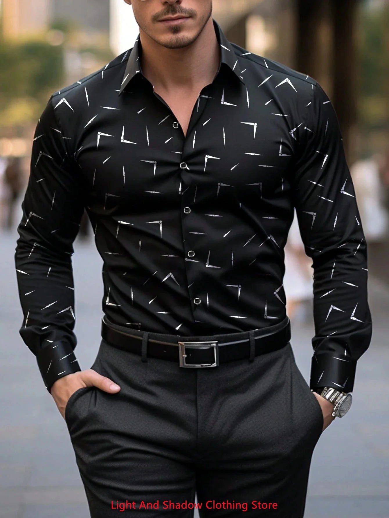 Camisa de hombre con estampado geométrico, estilo urbano clásico, manga larga, cuello, botonadura sencilla. Envío rápido.