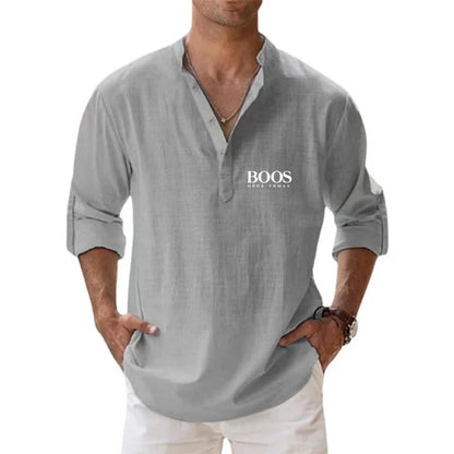 Camisa de lino 100 % algodón de manga larga con bordado de alta calidad para hombre, nueva camiseta informal holgada de negocios para otoño