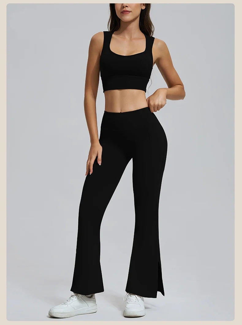 Conjuntos de yoga para mujer, sujetador deportivo con espalda hueca y amortiguación, leggings de cintura alta y acampanados, ropa de gimnasio, ropa para correr y entrenar.