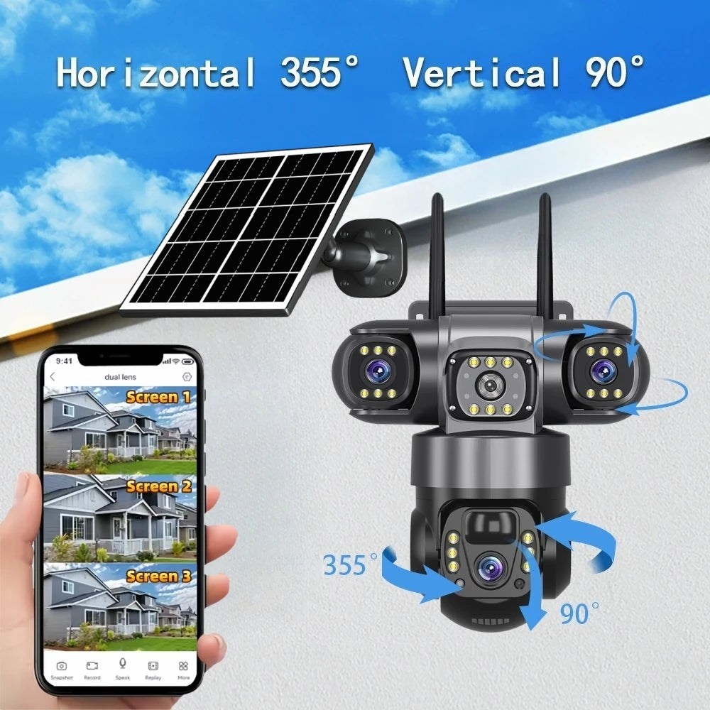 Cámara solar WiFi V380 Pro de 15 MP con 3 lentes, 3 pantallas, zoom 10x, detección de movimiento, resistente al agua, visión nocturna y protección CCTV.