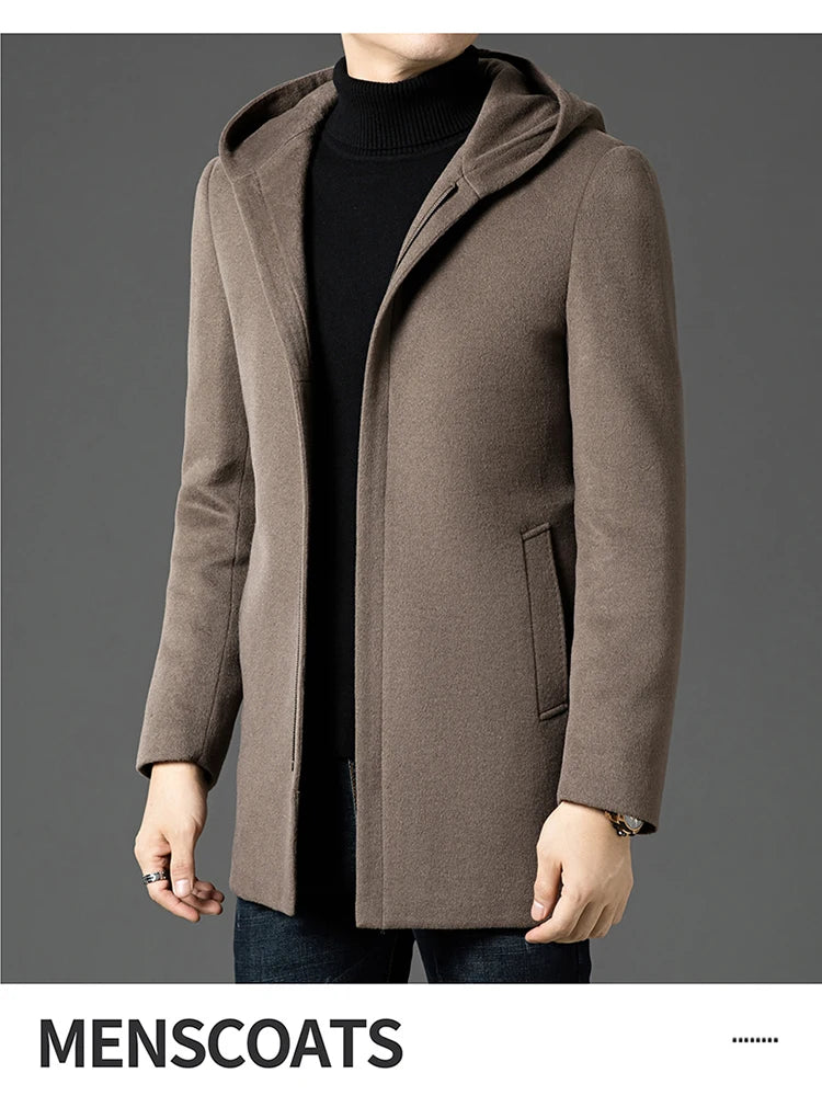 Abrigo largo de lana para hombre COMXZ, colección invierno 2025, gabardina de cachemir de diseño, chaqueta con capucha y forro de plumón de pato blanco, abrigo de lana de lujo