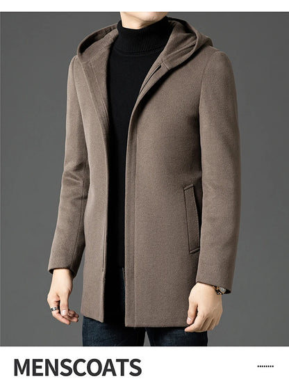 Abrigo largo de lana para hombre COMXZ, colección invierno 2025, gabardina de cachemir de diseño, chaqueta con capucha y forro de plumón de pato blanco, abrigo de lana de lujo