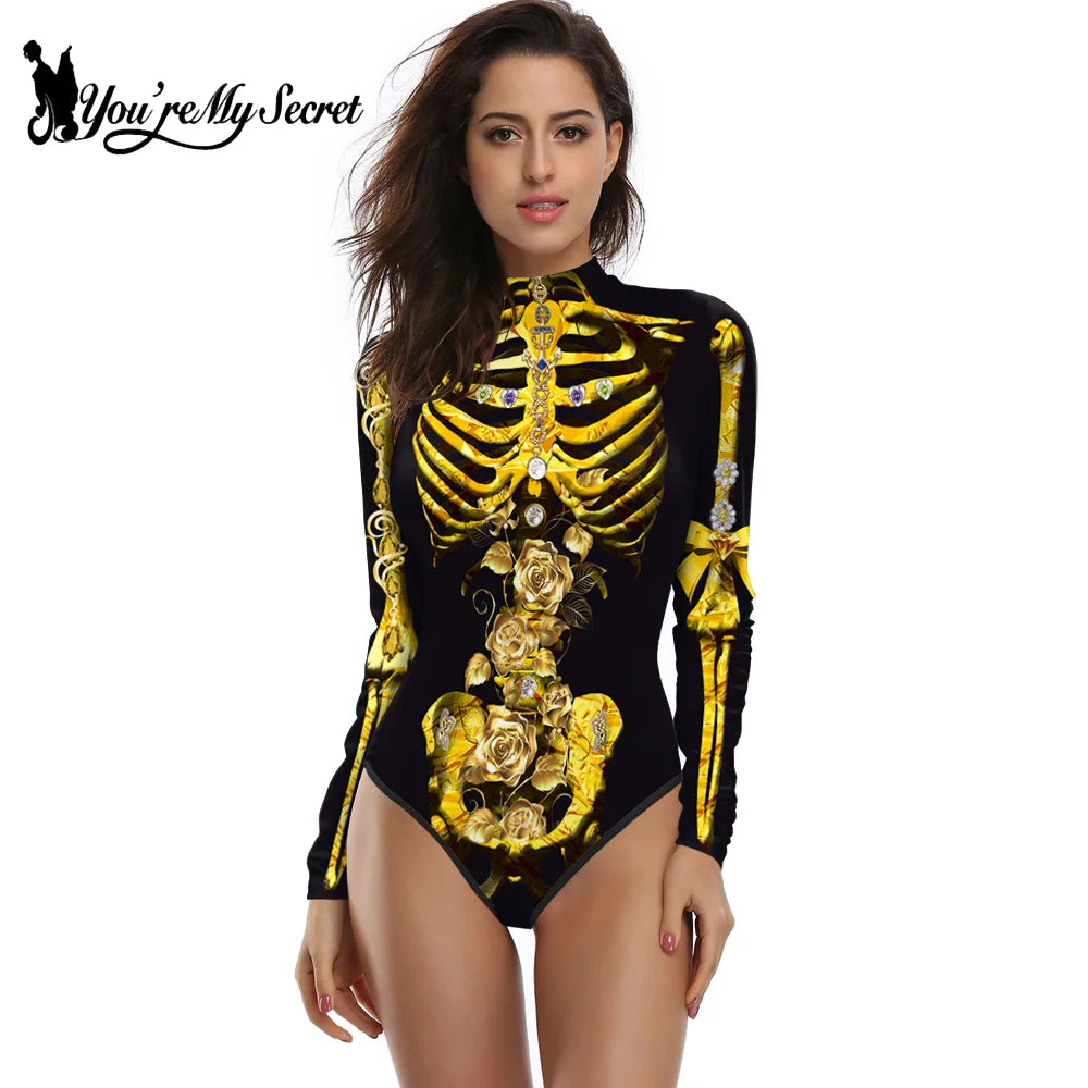[You're My Secret] Halloween Costume Cosplay Skeleton Print Zenti Bodysuits Carnival Party Jumpsuit Outfit Women Day of The Dead