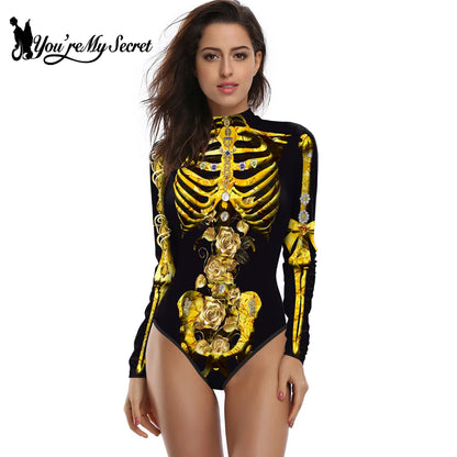 [You're My Secret] Halloween Costume Cosplay Skeleton Print Zenti Bodysuits Carnival Party Jumpsuit Outfit Women Day of The Dead