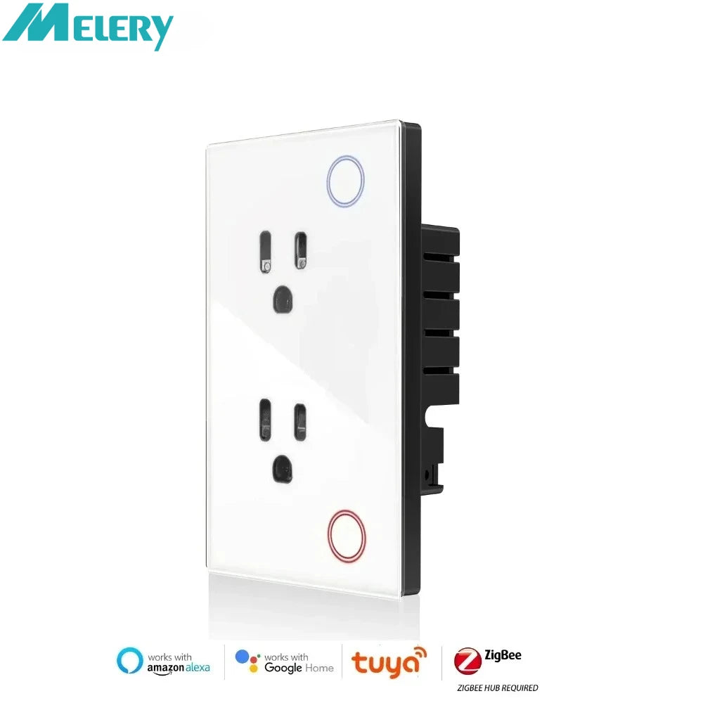 Enchufe inteligente de pared Melery Tuya Zigbee con monitorización eléctrica (EE. UU.), panel de cristal, temporizador y control remoto mediante aplicación (Google Home, Alexa).