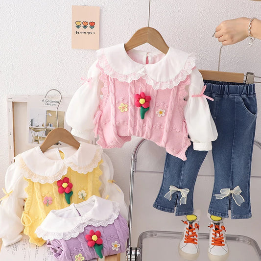 Conjuntos de ropa para niñas, camiseta, chaleco floral, pantalones vaqueros con lazo, ropa de bebé para primavera y otoño, conjuntos para bebés, chándal para niños