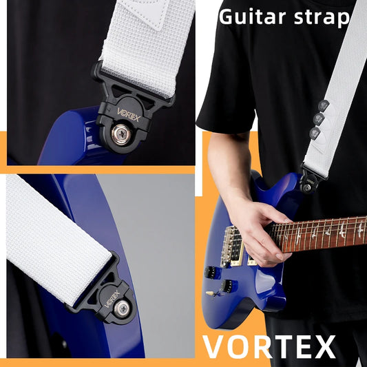 Correa de guitarra VORTEX. Cierre antidesenganche, firme, cómodo y rápido, ideal para guitarras eléctricas y bajos.