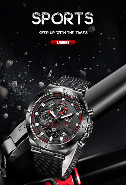 LIGE - Reloj de cuarzo de lujo para hombre, marca superior, moderno, de negocios, con correa de malla, resistente al agua, luminoso, cronógrafo