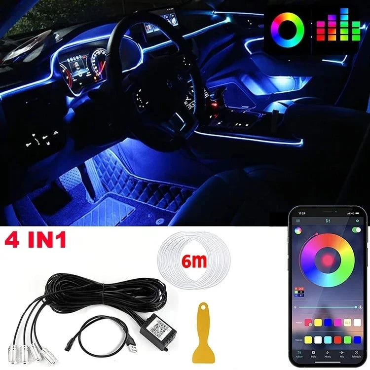 Tira de luces LED para ambiente interior de coche, RGB, fibra óptica, iluminación de neón con control remoto por aplicación, lámparas decorativas para coche