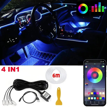 Tira de luces LED para ambiente interior de coche, RGB, fibra óptica, iluminación de neón con control remoto por aplicación, lámparas decorativas para coche