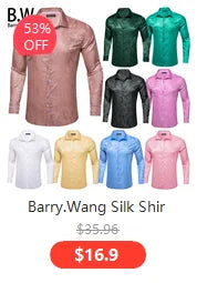 Camisas de seda de diseño para hombre en azul, dorado, verde, rojo, blanco y negro. Estampado cachemir bordado. Corte ajustado. Blusas casuales de manga larga.