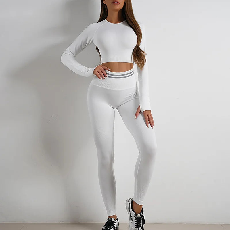 Conjuntos de ropa deportiva de media pieza sin costuras para mujer, conjuntos de gimnasio de manga larga, sujetador deportivo de yoga, leggings push up y mallas deportivas.