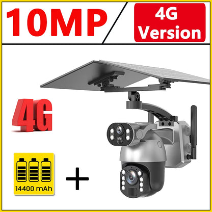 Cámara de seguridad exterior con zoom óptico de 10 MP y 50x, doble lente, SIM 4G, energía solar, Wi-Fi, PTZ, detección humana, grabación y visión nocturna. 10 MP, zoom óptico de 50x, doble lente, 4G, SIM, solar.