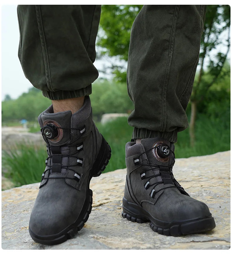 Zapatos de trabajo con botón giratorio para hombre, zapatillas de trabajo antiperforación, zapatos de seguridad de trabajo impermeables, botas tácticas con puntera de acero antideslizantes.