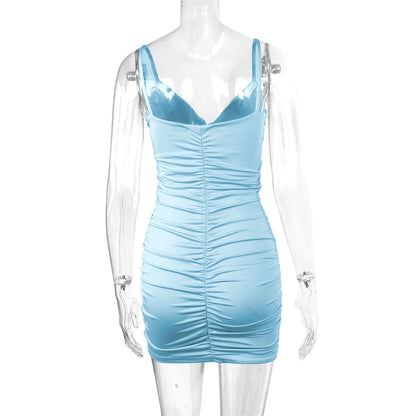 7 Color Sexy Wrinkled Pleated V Neck Sling Dress Short Club Ladies 2025 Summer Bodycon Dress Evening Party Tight Mini Dress D007