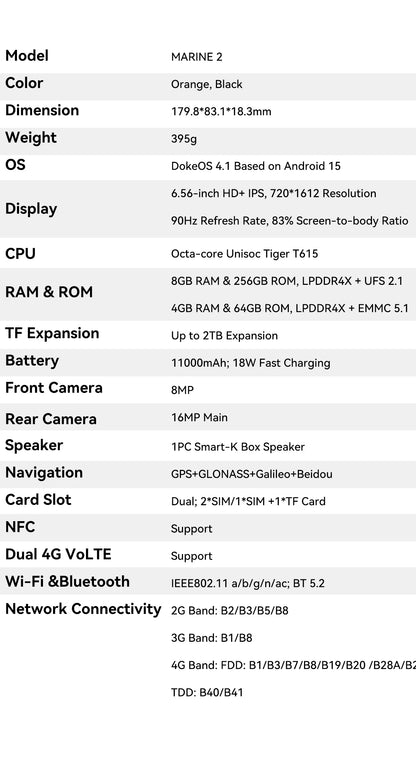 Teléfono resistente Blackview OSCAL Marine 2, 8 GB de RAM, 256 GB de almacenamiento, smartphone con IA, batería de 11000 mAh, pantalla HD+ de 6,56", procesador Unisoc T61, Android 15 y NFC.