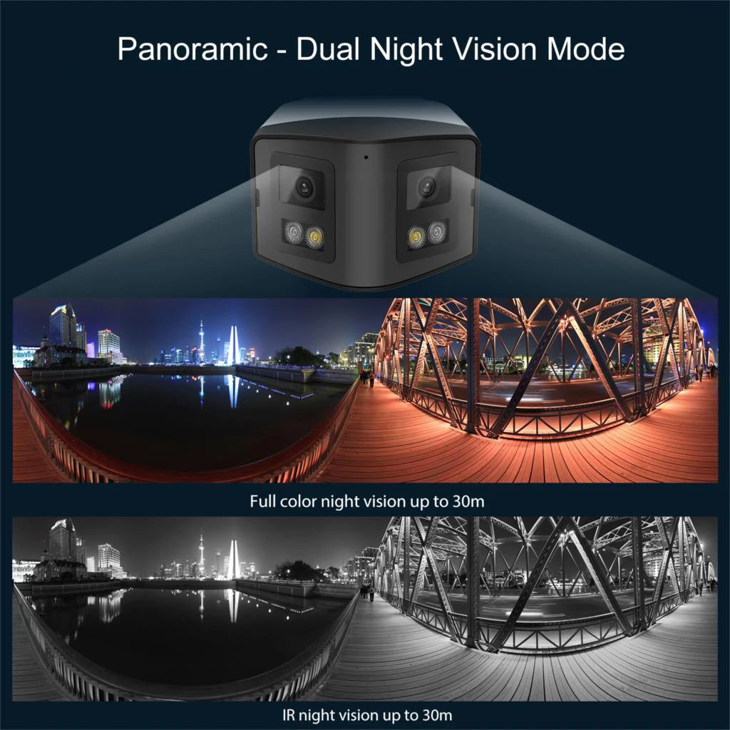 Cámara panorámica de doble luz de 4 MP y 8 MP con PoE, micrófono y altavoz integrados, detección humana, visión nocturna a color y sistema de vigilancia compatible con Hikvision.