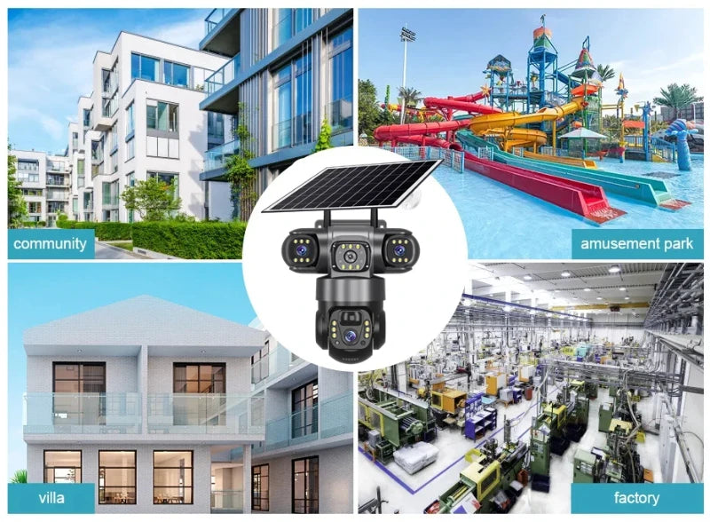 Cámara IP WiFi de 15 MP y 8K con tres lentes, resistente al agua y con carga solar para exteriores. Incluye visión nocturna, audio bidireccional y detección humana. Cámara de seguridad CCTV.