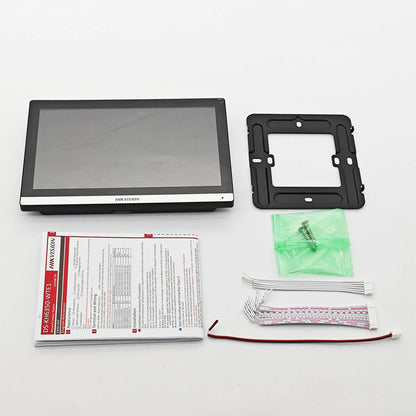 Videoportero Hikvision DS-KH6350-WTE1 multilingüe con estación interior IP, pantalla táctil de 7 pulgadas, PoE, Wi-Fi y monitor inalámbrico.