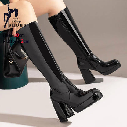 Botas altas impermeables para mujer, con plataforma de 10 cm y punta cuadrada, botines de invierno 2025 hasta la rodilla con tacón grueso, talla grande 43