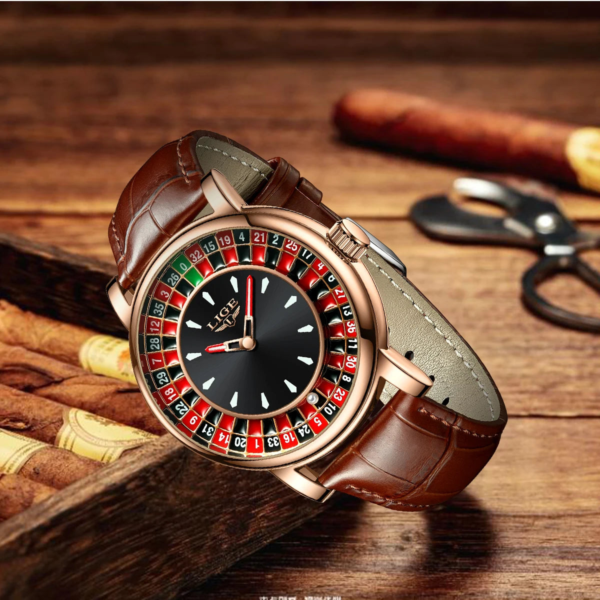 Reloj de Cuarzo LIGE para Hombre, Moda, Lujo, Diseño Creativo de Ruleta, Esfera de Juego, Correa de Cuero, Casual, Resistente al Agua, Regalo + Caja