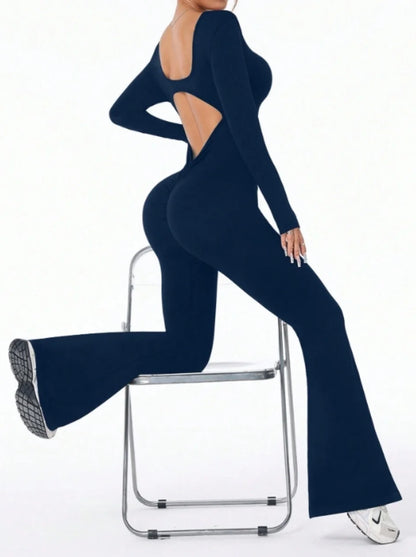 Mono deportivo de compresión de manga larga de color sólido de alta calidad para mujer, pantalones acampanados, conjunto de yoga sexy con efecto push up