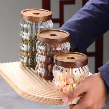 Recipiente hermético de vidrio rayado con tapa de madera para almacenamiento en la cocina, botellas, frascos, recipientes para alimentos, granos de café, cereales y dulces.