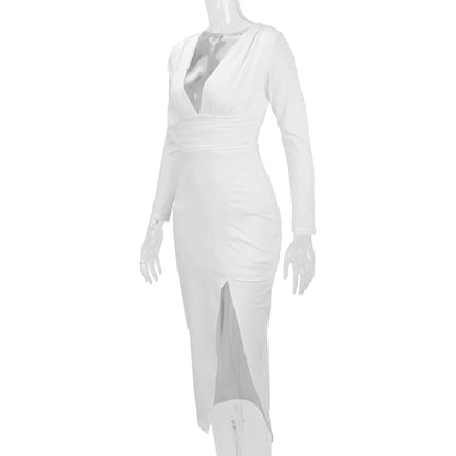 2025 Autumn Winter Female Fashion Slim Fit Long Sleeve V Neck Dress Women's Sexy Slit Knee Length Midi Dress Regular Shoulder